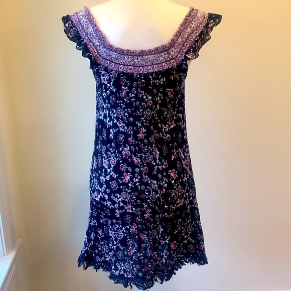 J Gee Black Floral Ruffle Fringe Dress Petite Small S Elastic Scoop Neckline - Picture 5 of 8